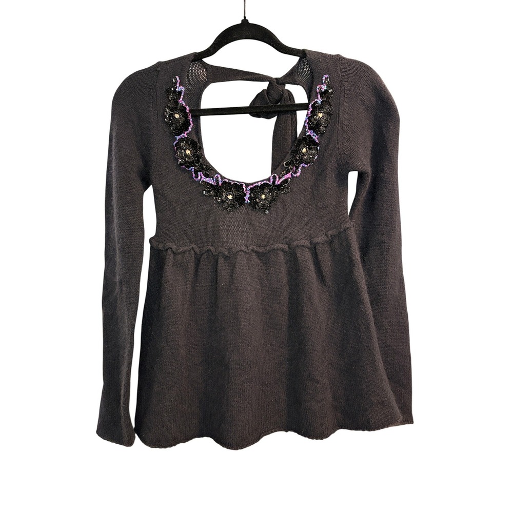 Free People Black Sequin Floral Open Back Babydoll Wool Angora Sweater XS